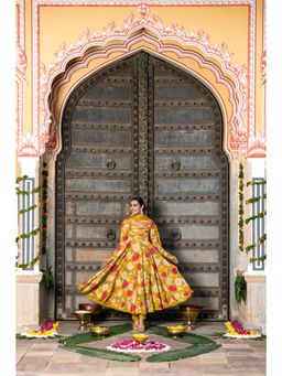 GAYRAA - Mustard Floral Printed Anarkali, Pant and Dupatta (Set of 3)