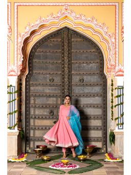 GAYRAA - Peach Solid Cotton Gota Anarkali, Pant and Dupatta (Set of 3)