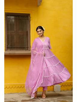 GAYRAA - Pink Solid Anarkali, Pant and Dupatta (Set of 3)