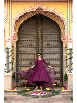 GAYRAA - Wine Solid Zari Anarkali, Pant and Dupatta (Set of 3)