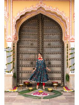 GAYRAA - Teal Printed Embroidered Anarkali, Pant and Dupatta (Set of 3)