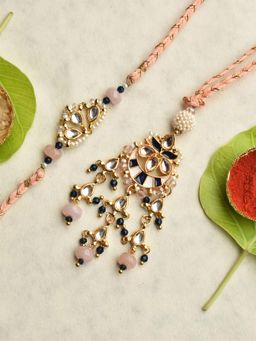 BeAbhika - Royal Kundan Pearl Rakhi & Chandbali Lumba Set with Roli Chawal Capsules