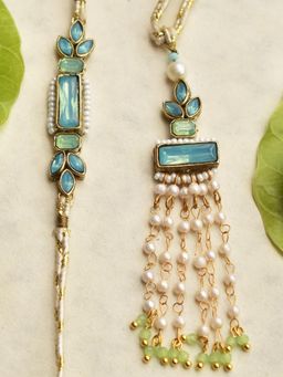 BeAbhika - Ocean Bloom & Aqua Blossom Rakhi-Lumba Set with Roli Chawal Capsules
