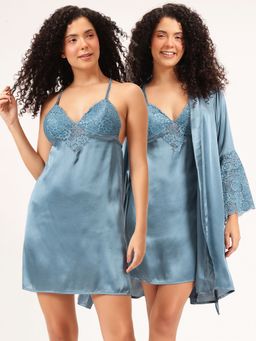 Clovia - Satin Padded Babydoll with Short Robe with Tie-Up Belt