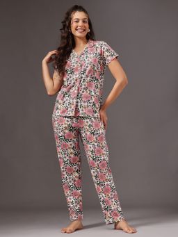 Clovia - Cotton Printed Button Down Shirt and Pyjama