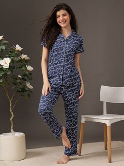 Clovia - Cotton Printed Button Down Shirt and Pyjama