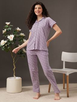 Clovia - Cotton Printed Button Down Shirt and Pyjama