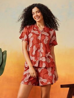 Clovia - Rayon Printed Button Down Shirt and Shorts
