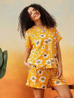Clovia - Rayon Floral Printed Button Down Shirt and Shorts