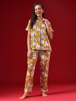 Clovia - Rayon Floral Printed Button Down Shirt and Pyjama