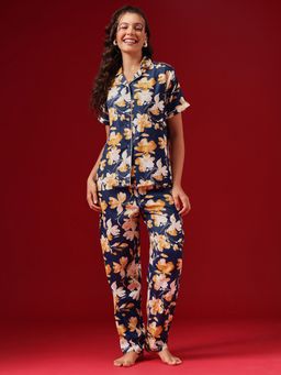 Clovia - Rayon Floral Printed Button Down Shirt and Pyjama