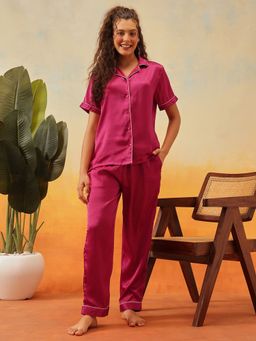 Clovia - Satin Button-Down Shirt and Pyjama