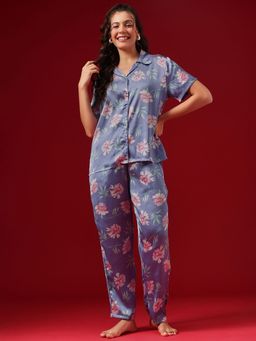 Clovia - Satin Floral Print Button-Down Shirt and Pyjama