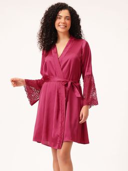 Clovia - Satin Short Robe with Lace Back and Flared Sleeves with Tie-Up Belt