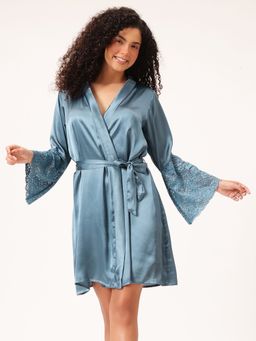 Clovia - Satin Short Robe with Lace Back and Flared Sleeves with Tie-Up Belt