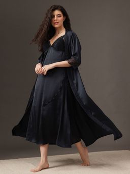 Clovia - Satin Long Maxi Nightdress and Robe Set