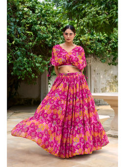 LooknBook Art - Pink Floral Stitched Lehenga with Stitched Blouse (Set of 2)