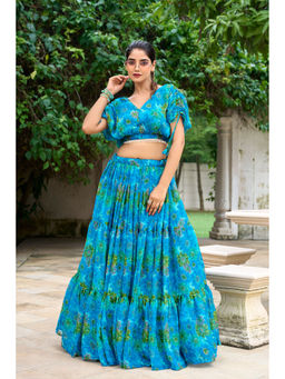 LooknBook Art - Blue Floral Stitched Lehenga with Stitched Blouse (Set of 2)