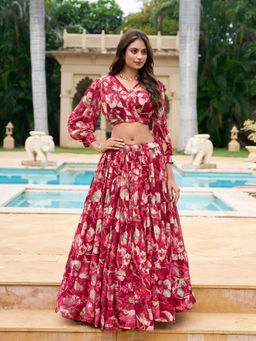LooknBook Art - Maroon Floral Stitched Lehenga with Stitched Blouse (Set of 2)