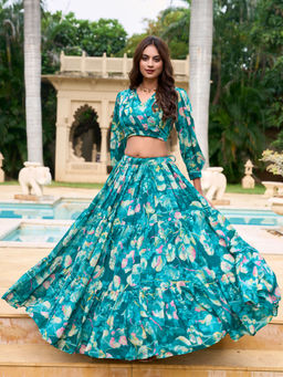 LooknBook Art - Teal Floral Stitched Lehenga with Stitched Blouse (Set of 2)