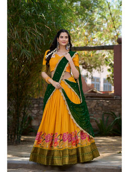 LooknBook Art - Yellow Embroidered Stitched Lehenga with Unstitched Blouse and Dupatta (Set of 3)