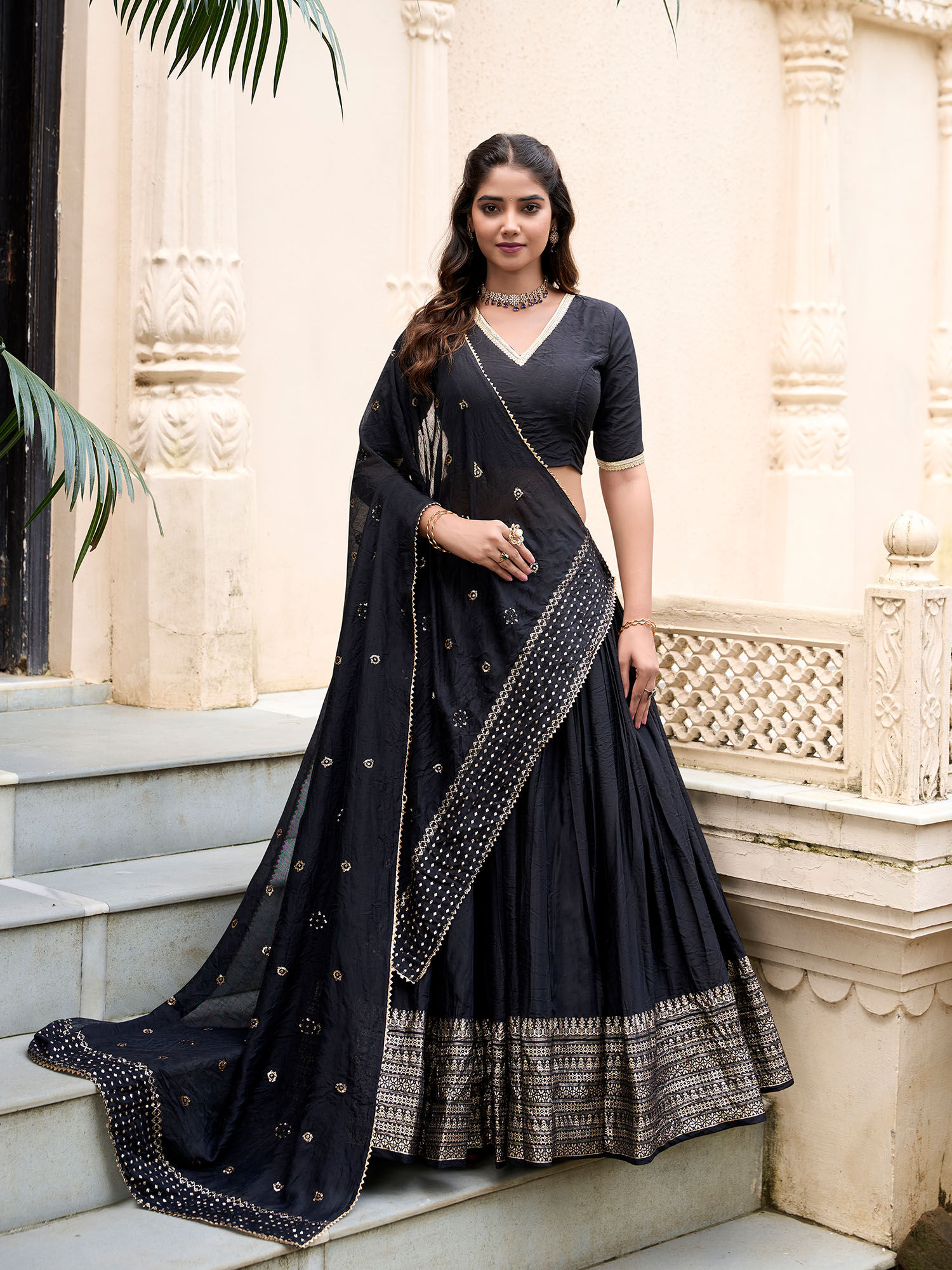 Black Woven Stitched Lehenga with Unstitched Blouse and Dupatta (Set of 3)-image-3