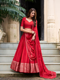 LooknBook Art - Red Woven Stitched Lehenga with Unstitched Blouse and Dupatta (Set of 3)