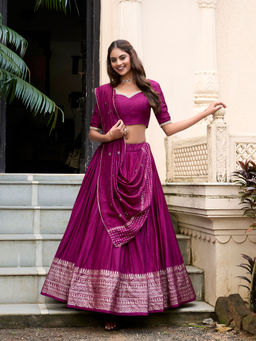 LooknBook Art - Wine Woven Stitched Lehenga with Unstitched Blouse and Dupatta (Set of 3)