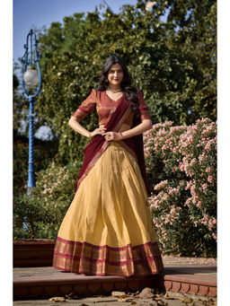 LooknBook Art - Cream Woven Stitched Lehenga with Unstitched Blouse and Dupatta (Set of 3)