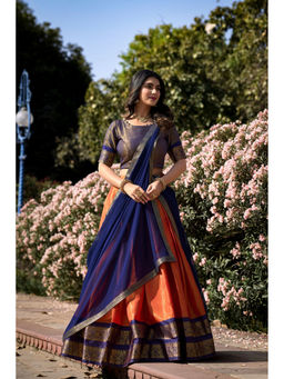 LooknBook Art - Orange Woven Stitched Lehenga with Unstitched Blouse and Dupatta (Set of 3)