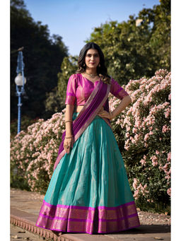 LooknBook Art - Blue Woven Stitched Lehenga with Unstitched Blouse and Dupatta (Set of 3)