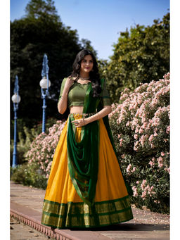 LooknBook Art - Yellow Woven Stitched Lehenga with Unstitched Blouse and Dupatta (Set of 3)