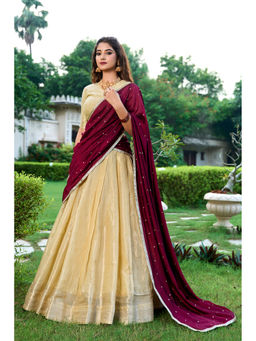 LooknBook Art - Cream Woven Stitched Lehenga with Unstitched Blouse and Dupatta (Set of 3)