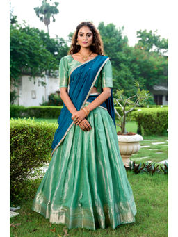 LooknBook Art - Green Woven Stitched Lehenga with Unstitched Blouse and Dupatta (Set of 3)