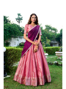 LooknBook Art - Coral Woven Stitched Lehenga with Unstitched Blouse and Dupatta (Set of 3)