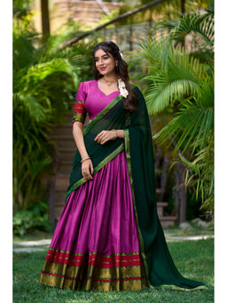 LooknBook Art - Pink Woven Stitched Lehenga with Unstitched Blouse and Dupatta (Set of 3)