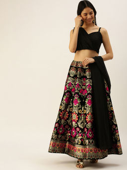 LooknBook Art - Black Floral Semi Stitched Lehenga with Stitched Blouse and Dupatta (Set of 3)