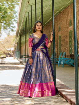 LooknBook Art - Blue Woven Stitched Lehenga with Unstitched Blouse and Dupatta (Set of 3)