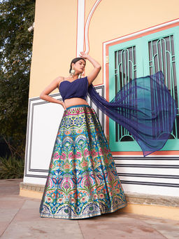 LooknBook Art - Navy Blue Printed Semi Stitched Lehenga with Stitched Blouse and Dupatta (Set of 3)