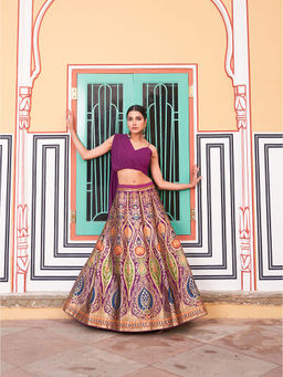 LooknBook Art - Wine Printed Semi Stitched Lehenga with Stitched Blouse and Dupatta (Set of 3)
