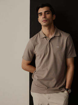 Andamen - Taupe Men Cotton Lycra Logo Embroidered Regular Fit Polo T-Shirt