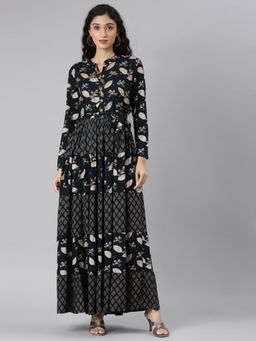 NEERU'S - Navy Blue Curved Casual Floral Maxi Dress
