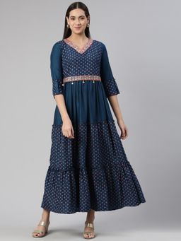 NEERU'S - Blue Flared Ethnic Printed Maxi Dress