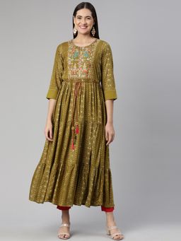 NEERU'S - Green Flared Ethnic Embroidered Midi Dress