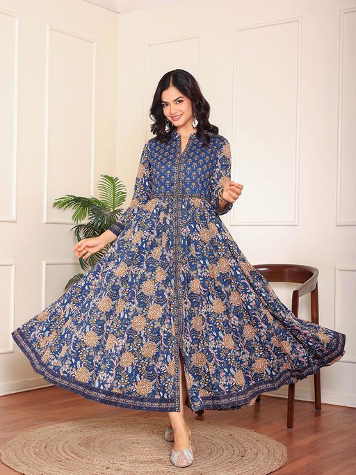 knee length dresses for ladies Multi-Color Organza Floral Print Full Sleeves Anarkali Suit Set (16-Sky-AFNKB) main image 1