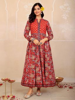 GULAB CHAND TRENDS - Dark Red Anarkali Cotton Hand Printed Ethnic Maxi Dress