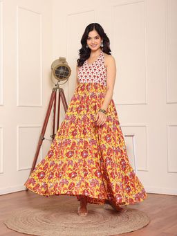 GULAB CHAND TRENDS - Mustard Floral Hand Printed Halter Maxi Dress