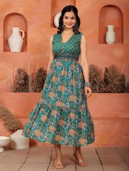 GULAB CHAND TRENDS - Dark Green Floral Hand Printed Cotton Sleeveless Midi Dress