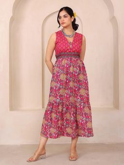 GULAB CHAND TRENDS - Dark Pink Floral Hand Printed Cotton Sleeveless Midi Dress