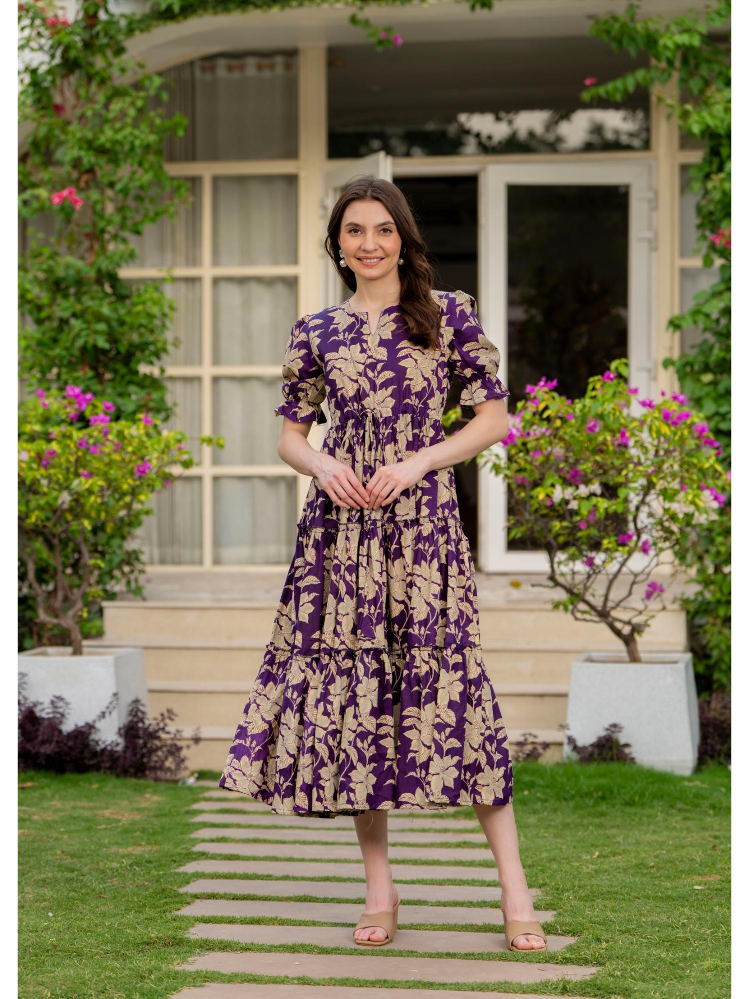Purple Women Cotton Printed Round Nack Half Sleeves Midi Length Flared Dress-image-38